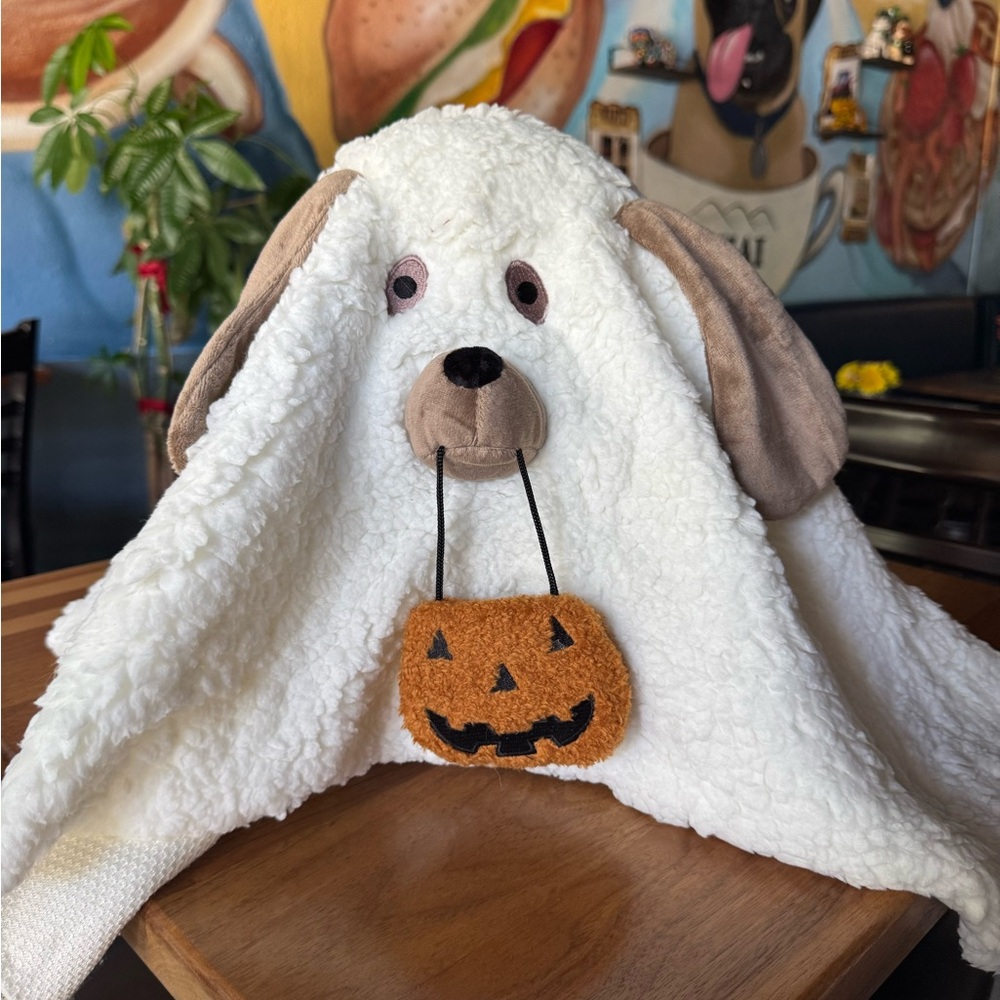 White Dog Halloween Ghost with Pumpkin
